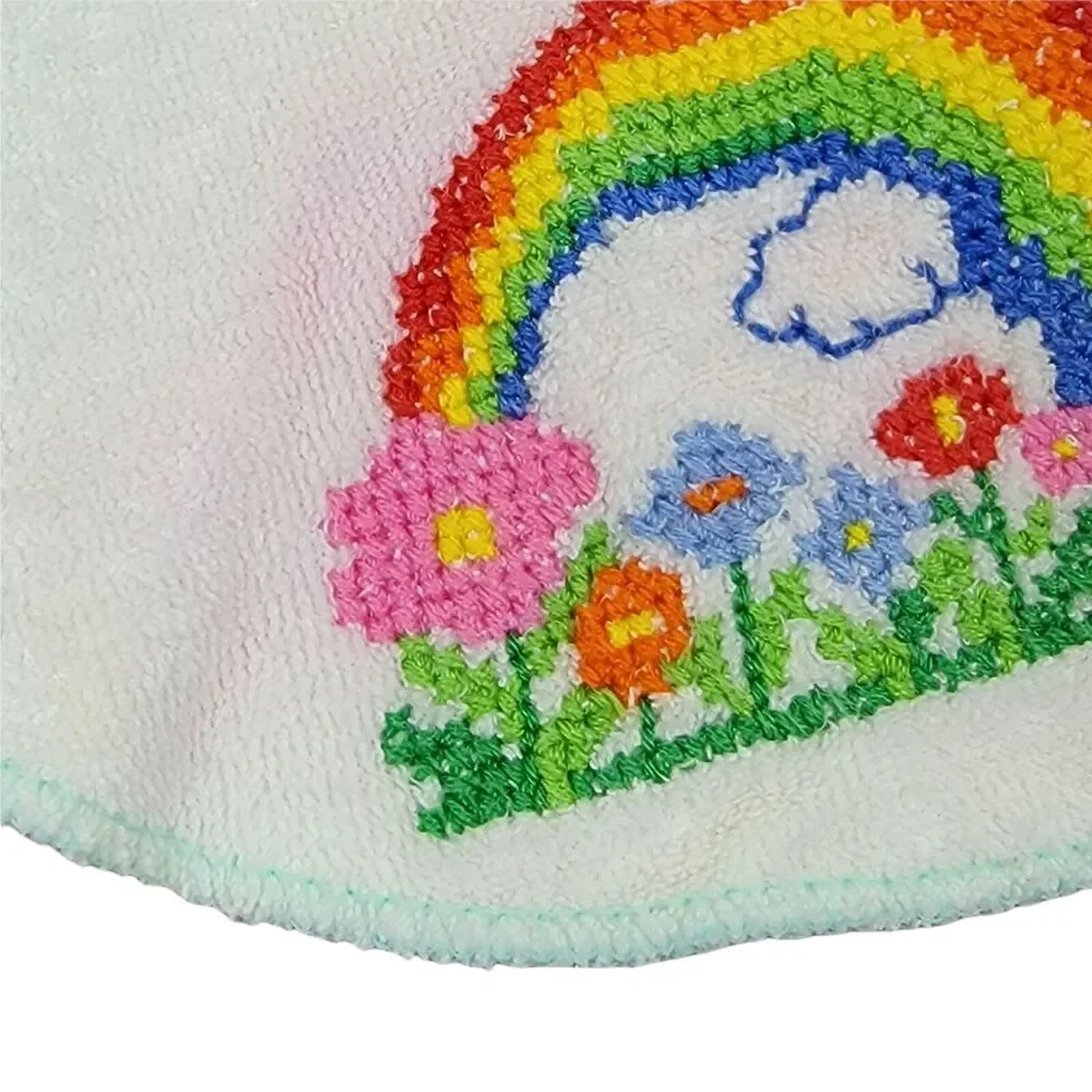 VTG 80s Cross‎ Stitch Bib Rainbow Flowers Terry Cloth White Multi Baby Infant